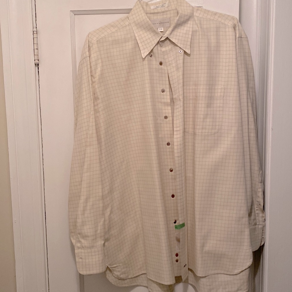 John W Nordstrom Button Down Collar Shirt - Cream w/ Brown Pinstripes - 17” Neck